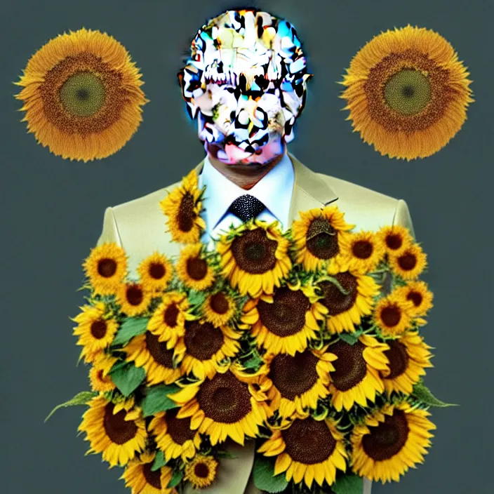 Image similar to photo portrait of Vladimir Putin - sunflowers - dressed in leisure shirt with ornamental ethereal sunflower pattern, natural skin tone, highly detailed realistic flowers ornament on the shirt, raging war and explosions in the background, eyebrows are intricate and highly detailed, elegant, Realistic, Refined, Highly Detailed, natural soft pastel lighting colors scheme, fine art photography by Cecil Beaton, volumetric lighting, hyper realistic photography