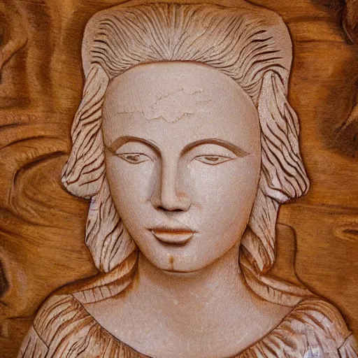 Prompt: a beautiful hand carved portrait of a pretty girl with golden cracks