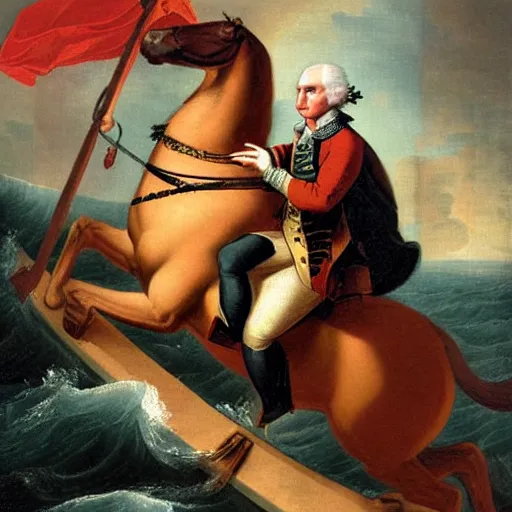 Prompt: A revolutionary era painting of George Washington riding a dragon over the Atlantic Ocean