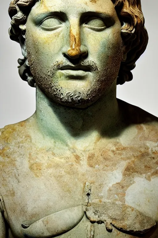 Image similar to an ancient greek marble statue of actor gerard butler, painted in reconstructed original colors, courtesy of the british museum