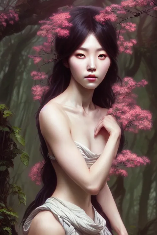 Image similar to beautiful digital painting of a hoyeon jung as a stylish female forest with high detail, 8 k, stunning detail, works by artgerm, greg rutkowski and alphonse mucha, unreal engine 5, 4 k uhd