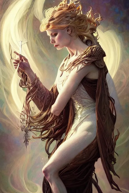 Image similar to white witch crafting magic spells, side view, crafting spells, bright witch, fantasy, chaos, magic, dark magic, dramatic lighting, intricate, wild, highly detailed, digital painting, artstation, concept art, smooth, sharp focus, illustration, art by artgerm and greg rutkowski and alphonse mucha