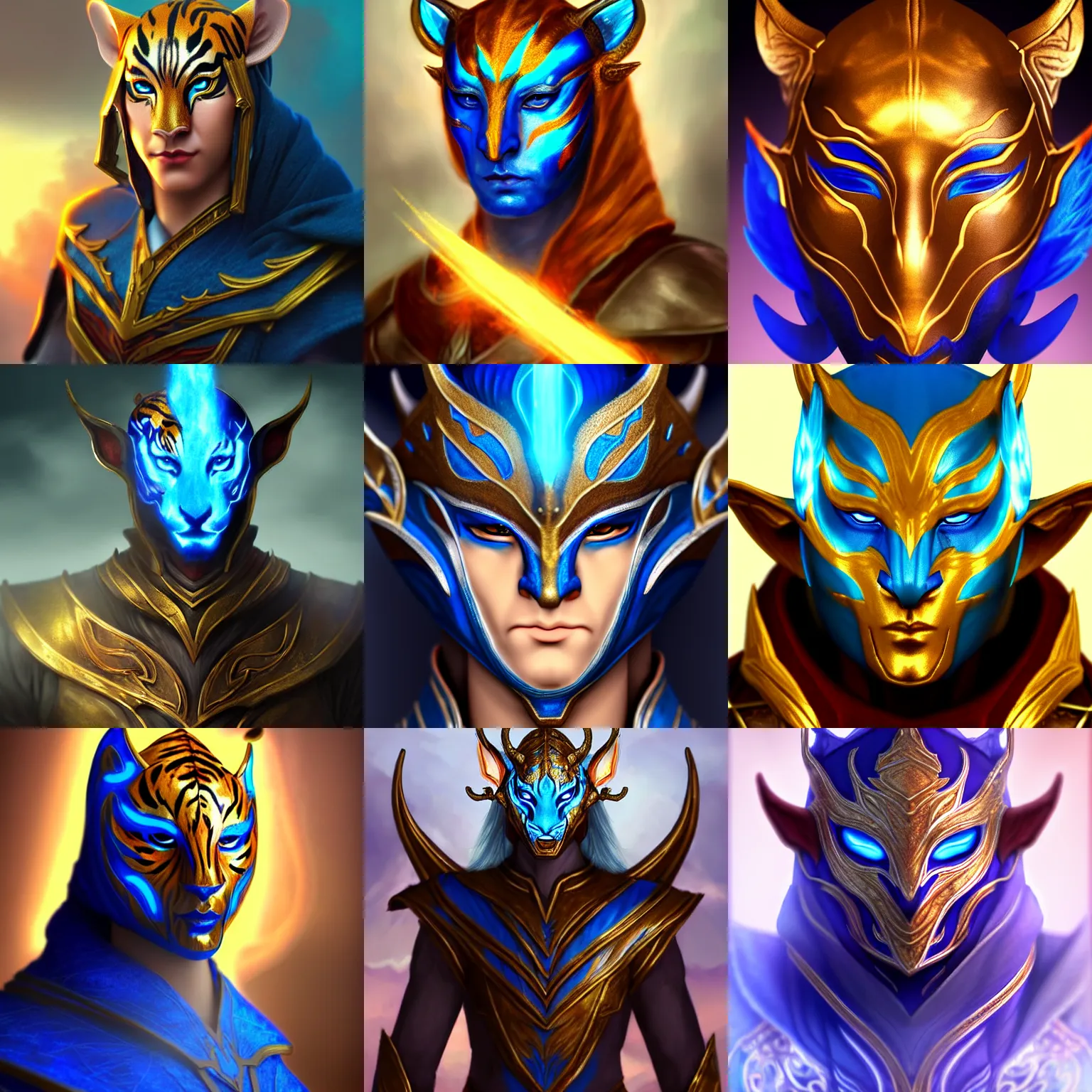 Prompt: calm elven emperor in shiny armor with a blue fiery aura!!!!!!, wearing a tiger mask, trending on artstation, sharp focus, highly detailed, digital fantasy art