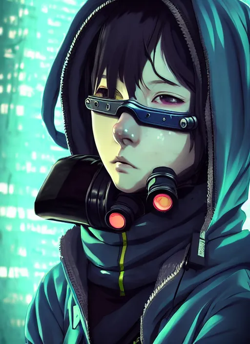 Image similar to cyberpunk anime girl in hoodie, cyberpunk gas mask, 3 / 4 shot, street night, grafity, beautiful face, grafity, arcane, action, tokyo street, detail, good face, pose model, concept art, in style of yoji shinkawa, pan ren wei, col price, atey ghailan, by greg rutkowski, aesthetic