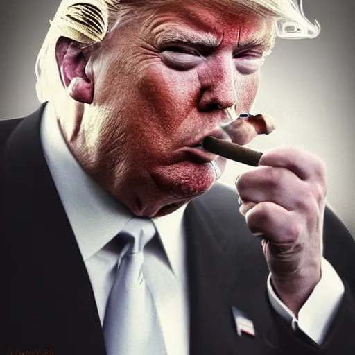 Image similar to a high detail photo of donald trump smoking a cigarrette, subject= donald trump, subject detail: extremly detailed, subject action: smoking a cigar, photorealism, dramatic lighting, award winning photograph, trending on artstation