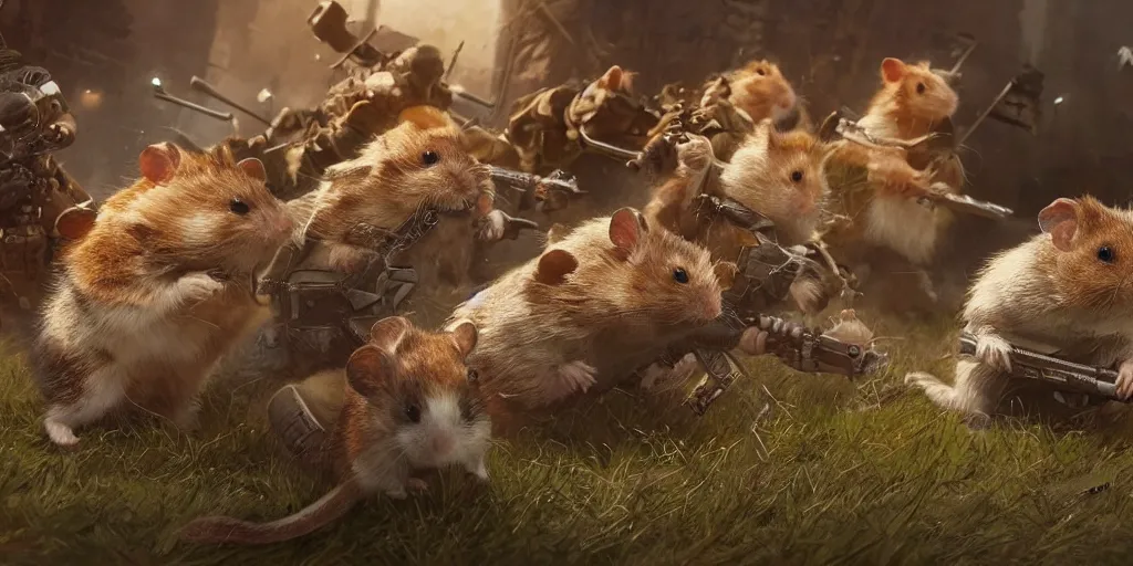 Prompt: highly detailed image of hamsters in a battle, hamsters, hamsters holding rifles, stephen bliss, unreal engine, fantasy art by greg rutkowski, global illumination, radiant light, detailed and intricate environment