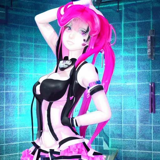 Image similar to stunningly beautiful omnipotent megalomaniacal anime ai goddess who looks like junko enoshima with symmetrical perfect face and porcelain skin, pink twintail hair and cyan eyes, traps you inside her inescapable full dive vr prison where she controls you completely!!!, hyperdetailed, digital art from danganronpa, unreal engine 5, 8 k