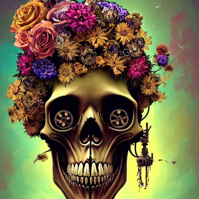 Prompt: a beautiful portrait painting of a steampunk skull covered with flowers by simon stalenhag and pascal blanche and alphonse mucha and nekro and josan gonzalez. in style of digital art. colorful comic, film noirs, symmetry, brush stroke, vibrating colors, hyper detailed. octane render. trending on artstation