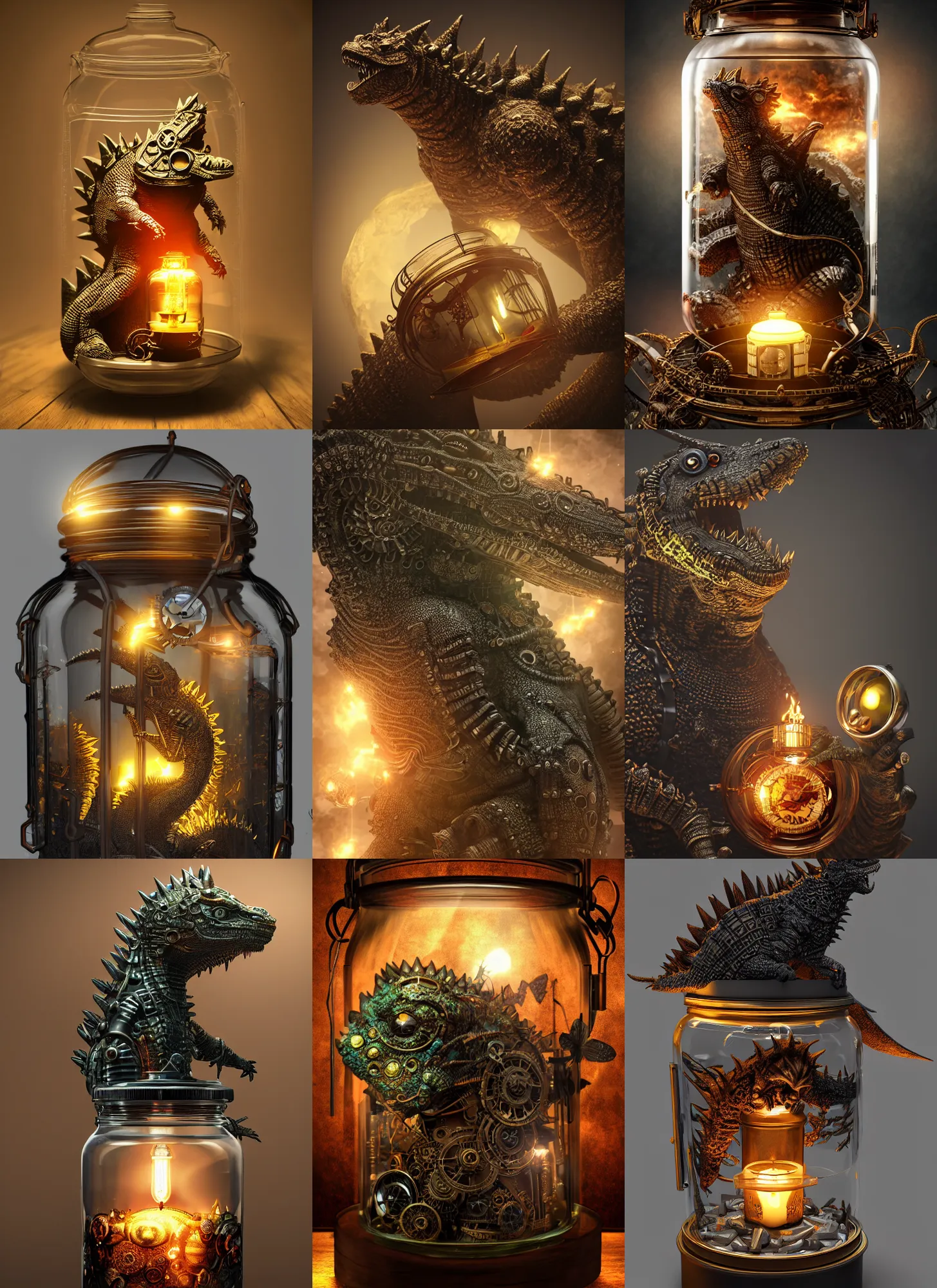 Prompt: steampunk godzilla inside a glass jar, intricate detail, hyper detailed, ultra realistic, sharp focus, octane render, lantern candle, butterfly, volumetric, ray tracing, artstation trending, moon, fairy cgsociety, sense of awe, swirling mist, 4 k