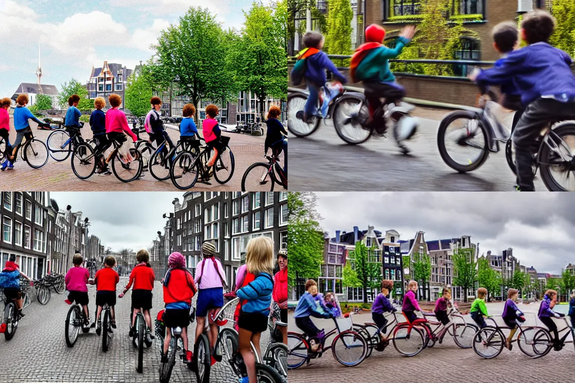 Prompt: a group of schoolkids riding bikes to their school in amsterdam, cloudy, photorealistic