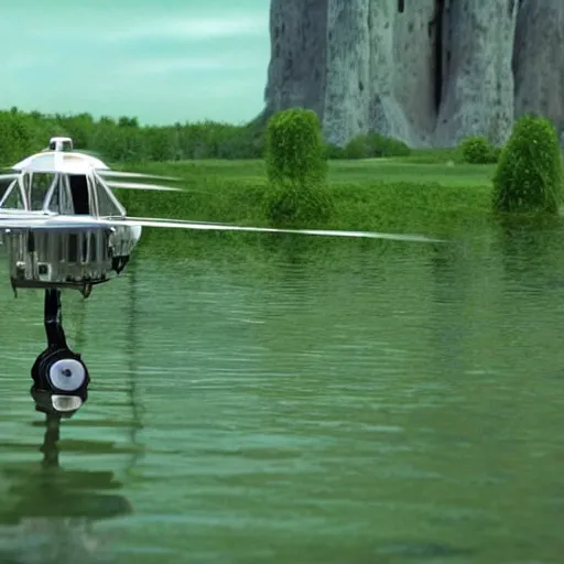 Image similar to a close - up detailed cell - shaded cartoon movie still from howl's moving castle ( 2 0 0 4 ) of a gyrocopter in a flooded rainforest valley. stonehenge is seen in the background with shafts of sunlight from above. very dull muted colors, hd, 4 k, hq