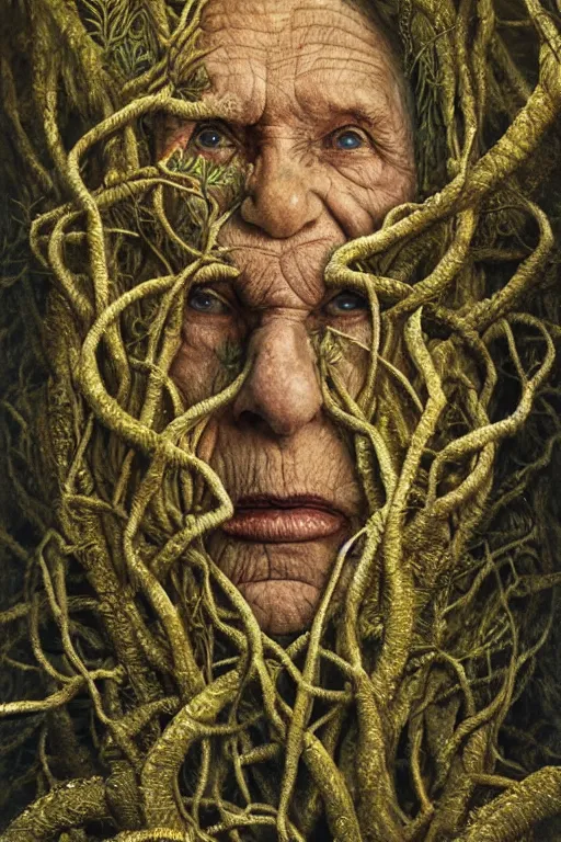 Image similar to intricate stunning highly detailed portrait of baba vanga, 🌱, by agostino arrivabene and vladimir kush, surreal, digital painting, ultra realistic, dramatic lighting, twisted vines, lush plants, pristine water, artstation