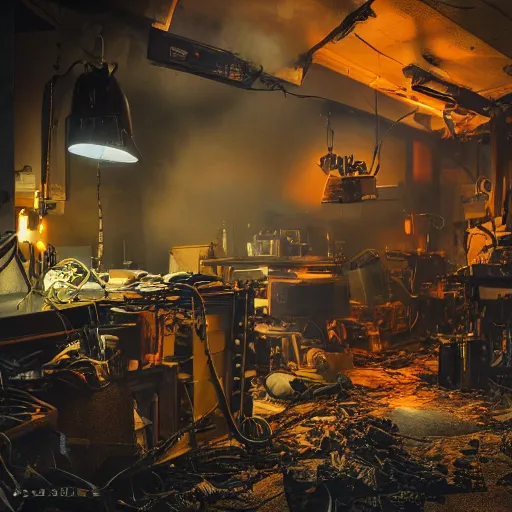 Image similar to overcharging blender, tangles of metallic cables, dark messy smoke - filled cluttered workshop, dark, dramatic lighting, orange tint, sparks, plasma charges, cinematic, highly detailed, sci - fi, futuristic, movie still