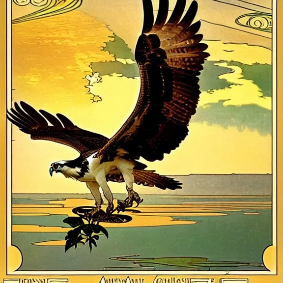 Prompt: an osprey in flight over a spectacular mountain lake at golden hour. art nouveau. surrealism. incredibly beautiful digital art. by alphonse mucha.