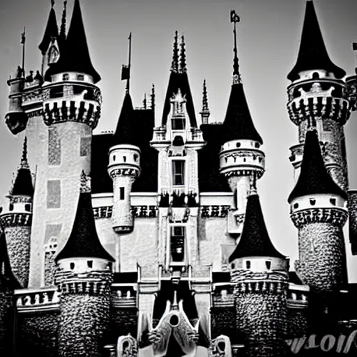 Prompt: the Disney castle made of skulls and bones, nightmare, black and white