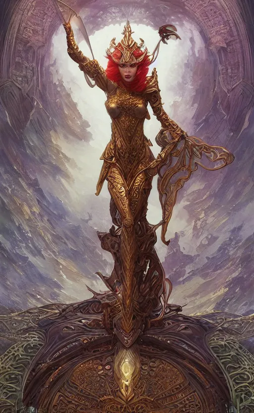 Image similar to playing card of ascending full body redhead goddess , intricate armor, highly detailed, glowing, action pose, cinematic, Art Deco, gold filigree, ethereal, artgerm, alfonso mucha, zdzisław beksiński, Andrei ryabovichev, Shaun tan, Chriss foss, Peter mohrbacher, 8k