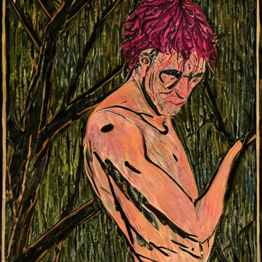 Prompt: The performance art shows a man caught in a storm, buffeted by wind and rain. He clings to a tree for support, but the tree is bent nearly double by the force of the storm. The man's clothing is soaked through and his hair is plastered to his head. His face is contorted with fear and effort. magenta by Alexej von Jawlensky, by Jamie Hewlett unplanned, defined