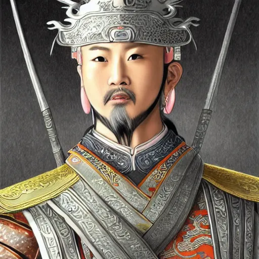 Image similar to dynamic composition, motion, ultra-detailed, incredibly detailed, a lot of details, amazing fine details and brush strokes, colorful and grayish palette, smooth, HD semirealistic anime CG concept art digital painting, watercolor oil painting of a Tang Ming dynasty chinese tao fantasy general wearing armor, from Three Kingdoms, by a Chinese artist at ArtStation, by Huang Guangjian, Fenghua Zhong, Ruan Jia, Xin Jin and Wei Chang. Realistic artwork of a Chinese videogame, gradients, gentle an harmonic grayish colors.