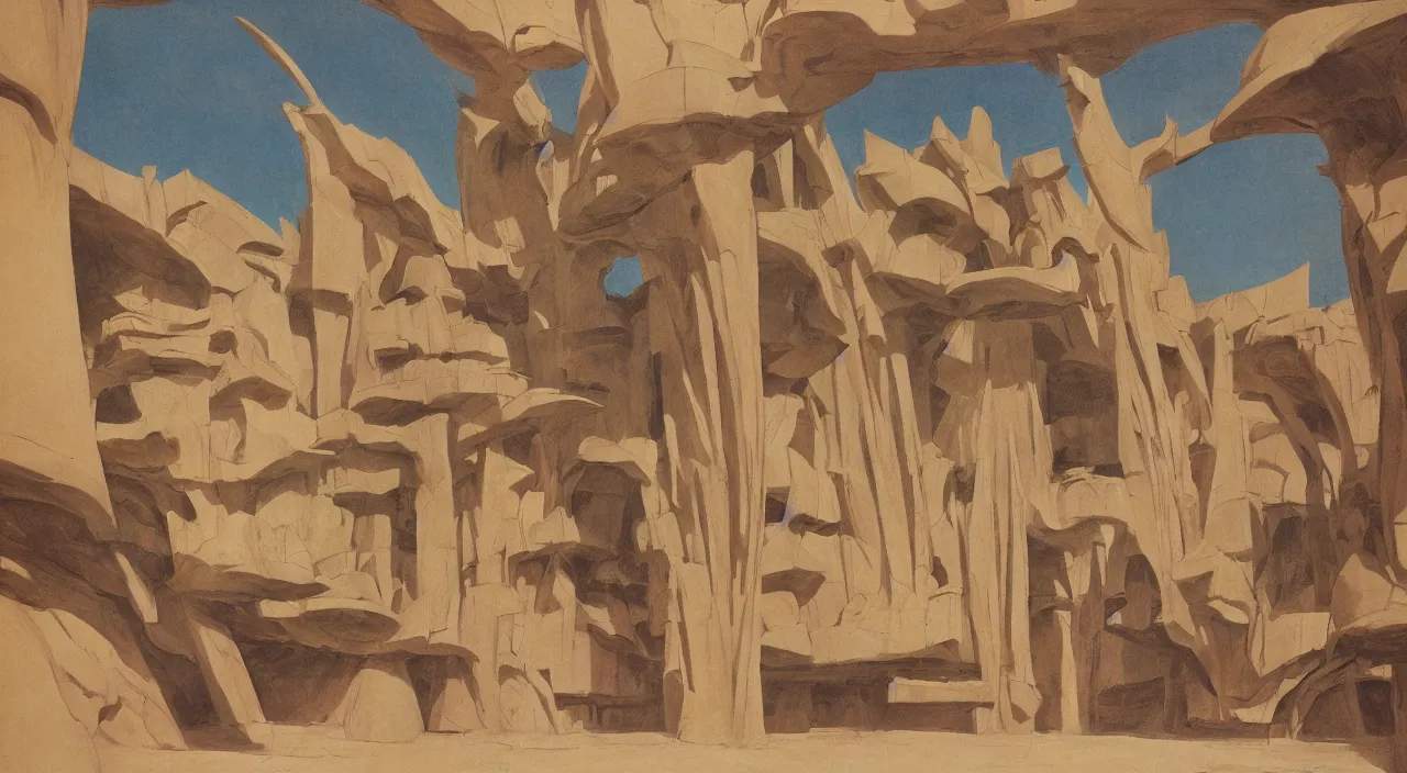 Prompt: chiaroscuro gouache by james gurney. utopia building designed by frank lloyd wright. dune palace. composed by directory kurosawa ( 1 9 6 2 ). baroque frame