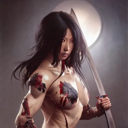 Image similar to painting of dark muscular oiled japanese woman, bloody, carrying a sword, symmetric, ultra realistic, concept art, intricate details, eerie, highly detailed, photorealistic, octane render, 8 k, unreal engine. art by artgerm and greg rutkowski and alphonse mucha