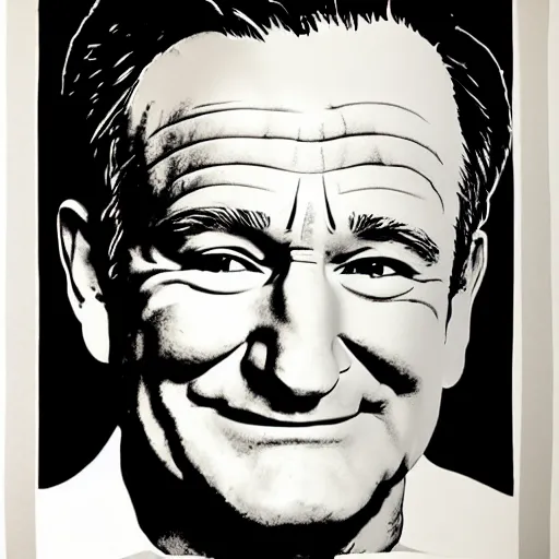 Image similar to silkscreen and lithography to create robin williams in the style of andy warhol