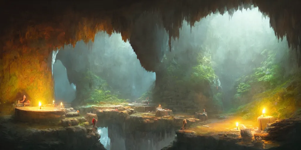 Image similar to cozy, empty bathhouse hidden in a cave, small, colorful, candlelight, towels, cushions, natural light, lush plants and flowers, elegant, smooth cave rock, fantasy, atmospheric lighting, digital painting, Greg Rutkowski, concept art