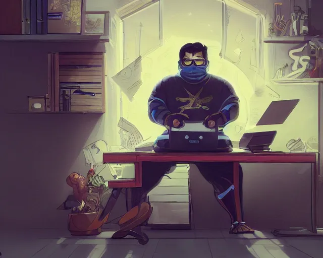 Image similar to an insanely detailed painting of a slightly chubby, nerdy asian man wearing a superhero costume and mask, sitting at a desk, staring at the nervously at the computer and typing, in the style of peter mohrbacher, dramatic lighting and composition, octane render, trending on artstation, concept art, comic book, view from behind