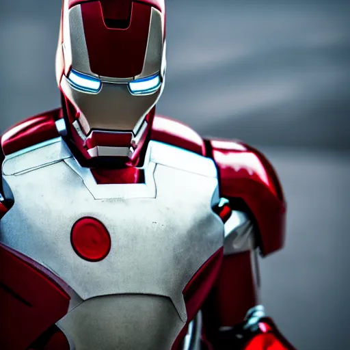 Prompt: close - up ironman in a white armor, battle damaged, shallow depth of field, moody lighting, 8 k,