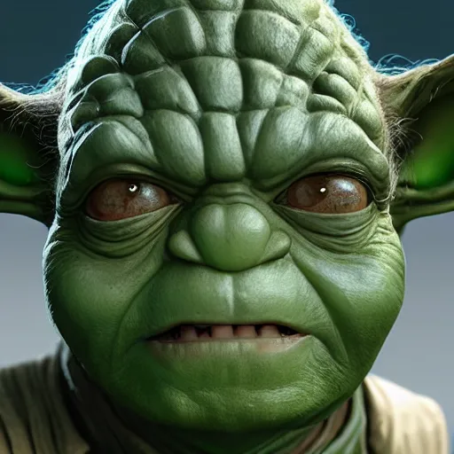 Image similar to yoda as the hulk, au naturel, hyper detailed, digital art, trending in artstation, cinematic lighting, studio quality, smooth render, unreal engine 5 rendered, octane rendered, art style by klimt and nixeu and ian sprigger and wlop and krenz cushart
