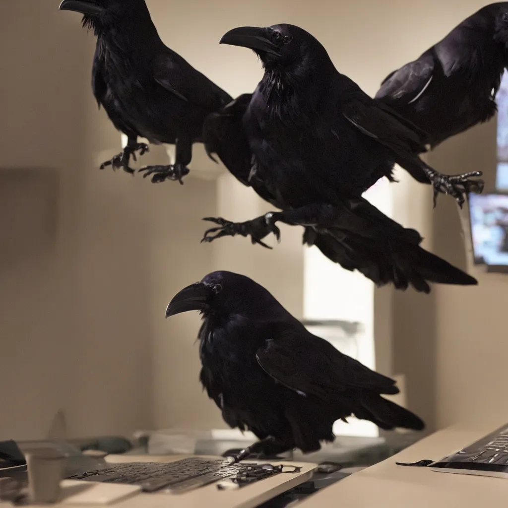 Prompt: a photograph of a raven using a computer, filmic, dramatic lighting