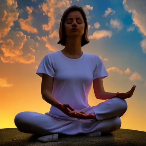 Image similar to real photo, a beautiful lady is meditating and hoping for a better future. close - up, beautiful sky, volumetric lighting, sharp focus, ultra detailed, - w 1 0 2 4 - n 8 - i