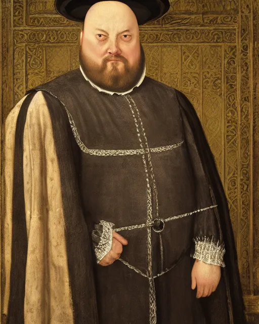 Image similar to fat gray cat with yellow eyes dressed like henry viii, tudor period menswear, hans holbein the younger, greg rutkowski, royal portrait, painting