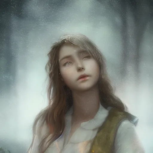 Image similar to beautiful aerith gainsborough, face centered portrait, confident, fog, rain, volumetric lighting, beautiful, golden hour, sharp focus, ultra detailed, cgsociety by leesha hannigan, ross tran, thierry doizon, kai carpenter, ignacio fernandez rios