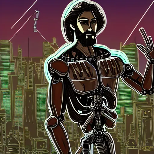 Image similar to detailed illustration of jesus with robotic spider legs in a cyberpunk city