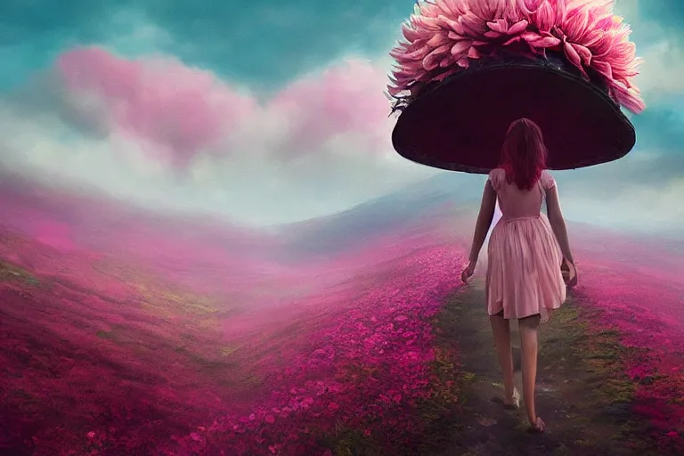 Image similar to giant dahlia flower crown face, girl walking on mountain, surreal photography, pink storm clouds, dramatic light, impressionist painting, digital painting, artstation, simon stalenhag