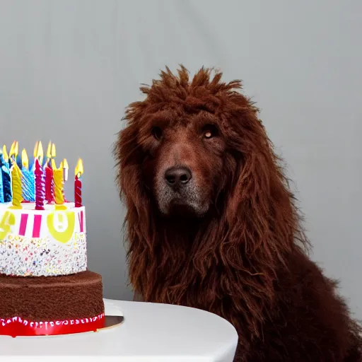 Prompt: large brown shaggy dog blowing out a birthday cake, photorealistic, 3 5 degree shot, movie still, 4 k, 1 2 0 mm focus