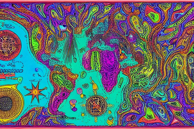 Image similar to Map of a psychedelic realm highly detailed, full color