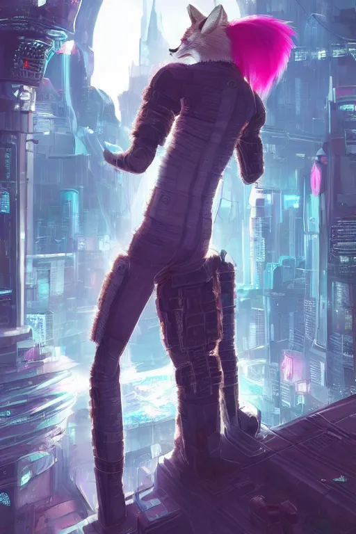 Prompt: a cyberpunk anthropomorphic fox with a fluffy tail staring over a futuristic city from the top of a roof, comic art, trending on furaffinity, cyberpunk, backlighting, cartoon, by kawacy, anime!!!