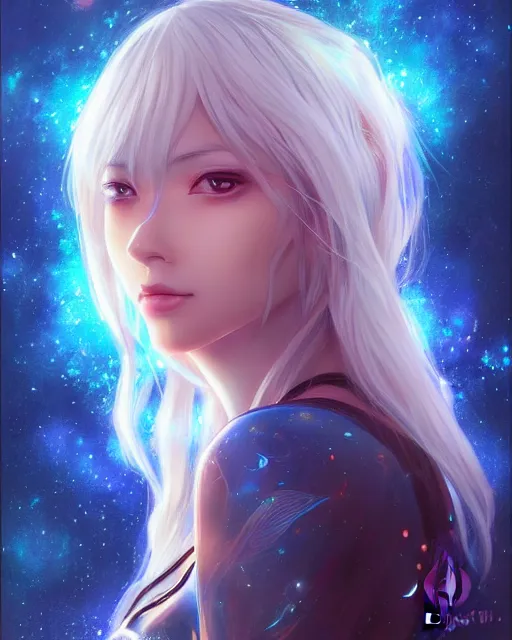 Image similar to A realistic anime portrait of a beautiful cosmic woman with glowing blue eyes and cosmic skin wearing clothes made of universes, digital painting, by Stanley Artgerm Lau, Sakimichan, WLOP and Rossdraws, digtial painting, trending on ArtStation, SFW version