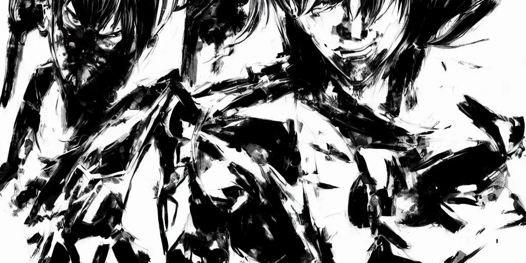 Prompt: a full - body portrait of denji from chainsaw man, in yoji shinkawa's art style, metal gear solid art style, manga, highly detailed, 4 k, artistic, white background, b & w
