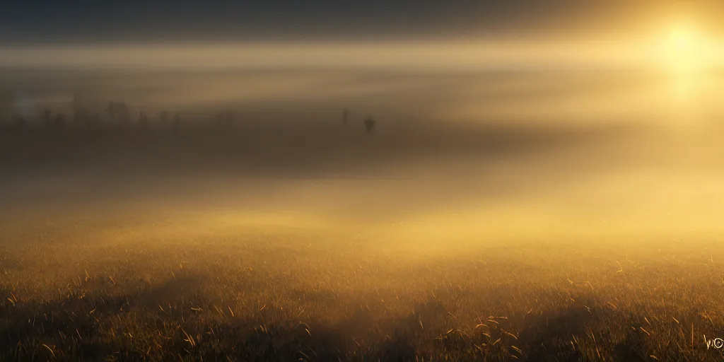 Prompt: Dutch moor field, blanket of fog, volumetric lighting, beautiful, golden hour, sharp focus, ultra detailed, cgsociety