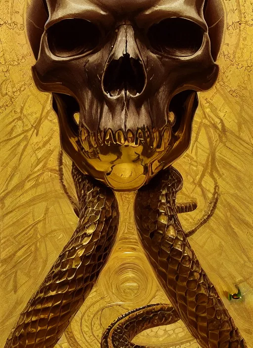 Image similar to A skull with a gold snake slithering around it, highly detailed, digital painting, artstation, concept art, sharp focus, illustration, art by greg rutkowski and alphonse mucha