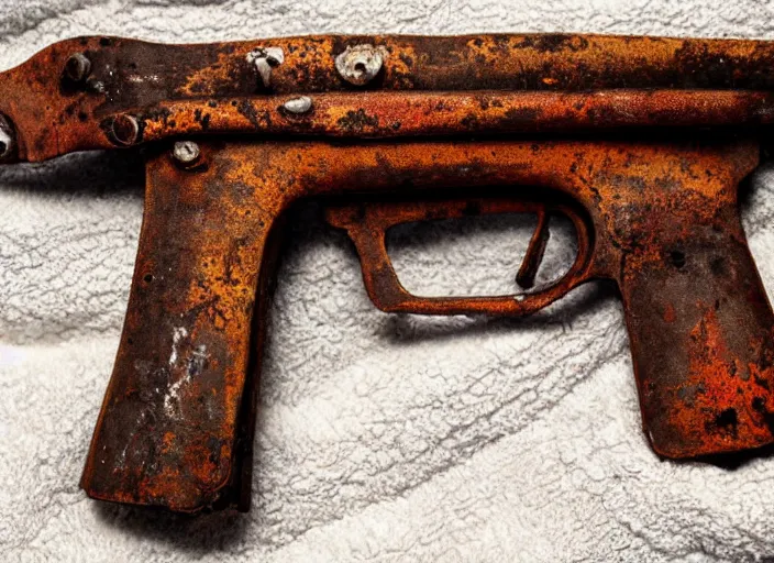 Image similar to An old rusty pistol on a towel, deeply rusted, water damage, detailed picture,