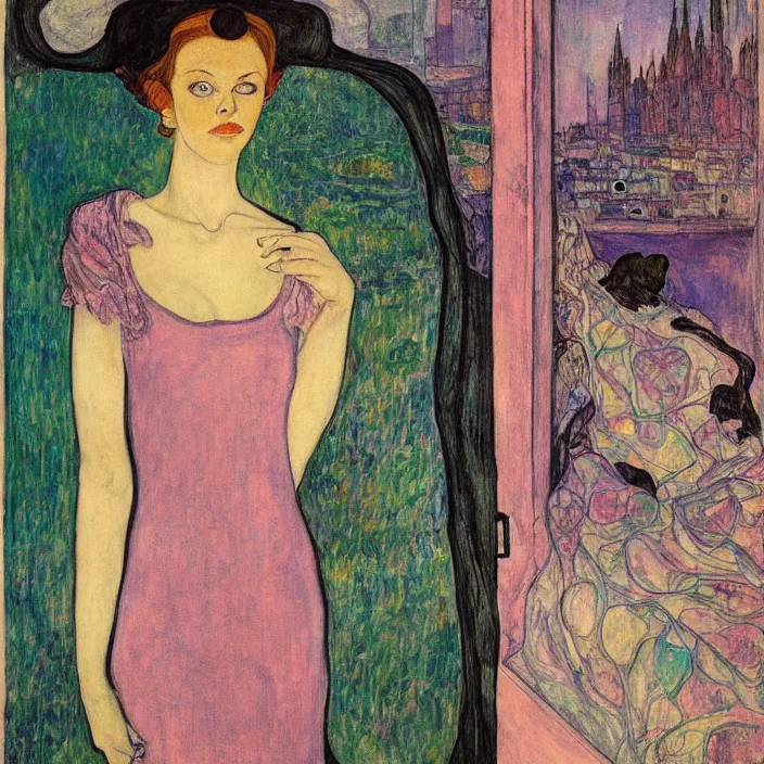 Image similar to close portrait of woman in transparent vaporous night gown with cat and iris, with city with gothic cathedral seen from a window frame with curtains. sun through the clouds, vivid iridescent psychedelic colors. munch, egon schiele, henri de toulouse - lautrec, utamaro, monet