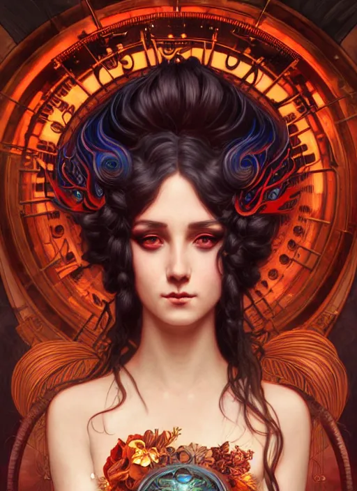 Image similar to the goddess hestia, hair on fire, steampunk, glowing eyes, beautiful eyes, volumetric lights, red and cyan theme, art nouveau botanicals, intricate, highly detailed, digital painting, artstation, concept art, smooth, sharp focus, cinematic, illustration, beautiful face, art by artgerm and greg rutkowski and alphonse mucha