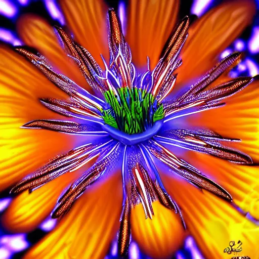 Prompt: a cybertronic, metallic, glowing tiger lily flower, high detail