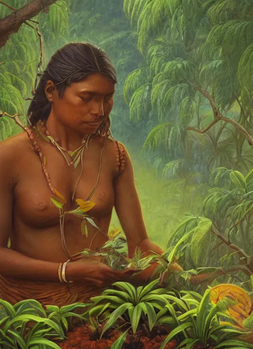 Prompt: a close up portrait of a beautiful indigenous preparing plants medicines in the jungle, highly detailed, art by christophe vacher