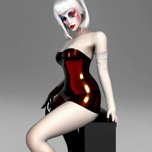 Image similar to a feminine curvy pale young hot goth cutie wearing a regal red-silver-gold-black latex-nylon outfit, dark eyeshadow, eyelashes, cgsociety, photorealistic, sublime-hyperadvanced-amorous ambience, 16k, smooth, sharp focus, trending on ArtStation, volumetric lighting, fully clothed, thin waist