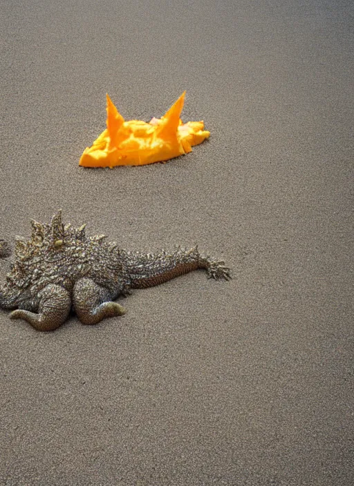 Prompt: godzilla as cheese on the sand of a beach