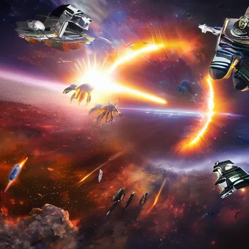 Image similar to epic scene of space battle with spaceship explouding warriors all over the scene, panoramic, realistic 4 k